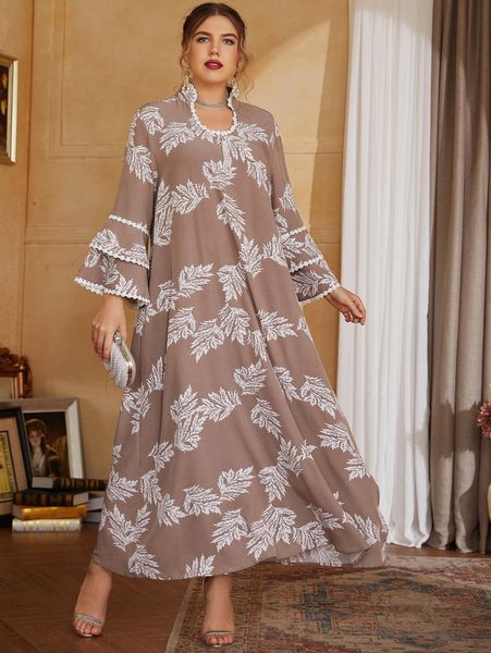 

plus leaf print pearls decoration layered sleeve tunic dress 993x#, Black