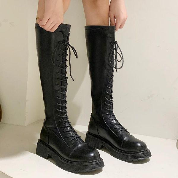 

boots rimocy 2021 soft pu leather long for women lace up med heel platform knee high woman black punk motorcycle botas