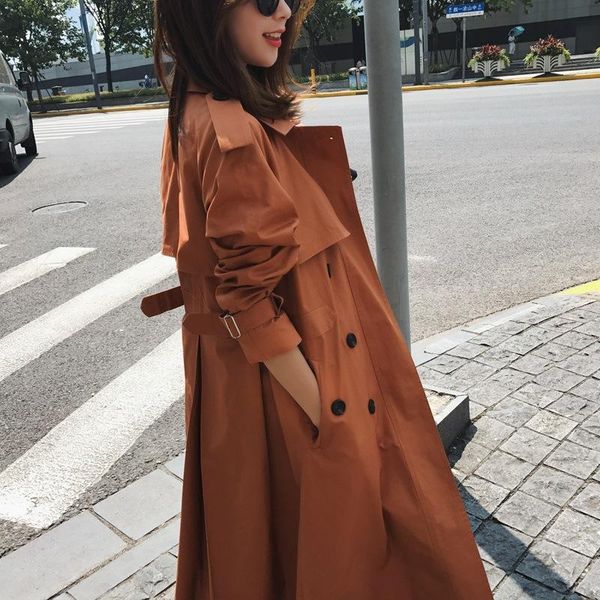 

women's trench coats 2021 spring and autumn korean mid long windbreaker double breasted loose waist chic over knee coat, Tan;black