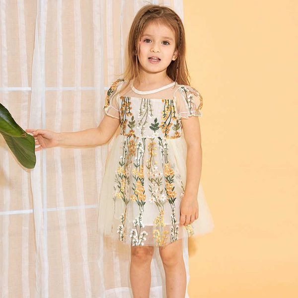 Цветочные тюль платье для девочек Летняя мода одежда малыша младенца бежевые белые платья дети девочка причудливый вечеринка Vestidos Q0716