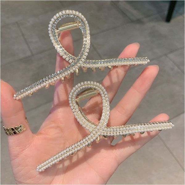 

barrettes hairpin korean pearl rhinestone square summer back grab clip metal elegant temperament net red headdress, Golden;silver