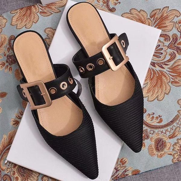 

spring designer sandals casual pointed shoes woman outdoor belt buckle mules women metal decor shallow mouth ladies, Black