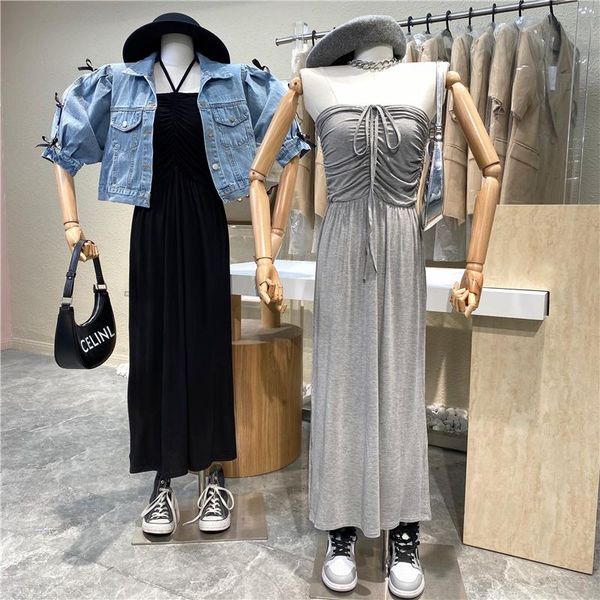 

casual dresses brand original design 2021 light mature wind hanging neck strapless waist dress wear halter, Black;gray
