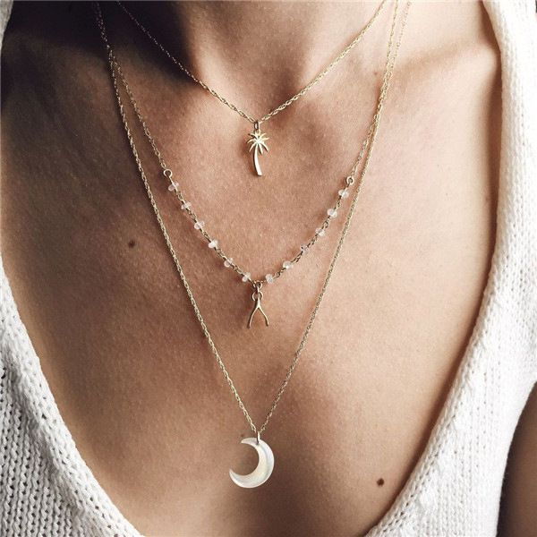 

f378 personalized multi-layer clavicle chain alloy big moon ing bone coconut pendant women's suit necklace, Silver