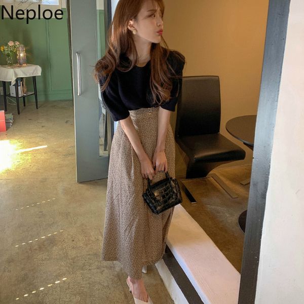 

neploe knitted t shirts women korean chic o neck puff sleeve female summer 2021 new fashion casual slim fit ladies tees, White