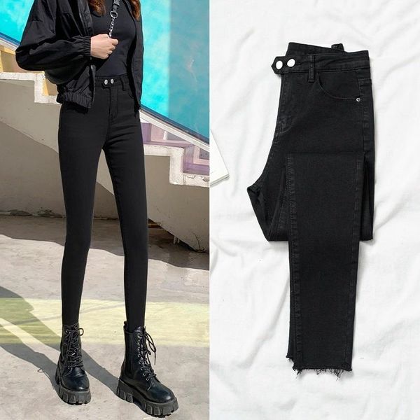

women's jeans black legged pants wear a slim fit, slim, versatile, rough edged high waist pencil autumn, Blue