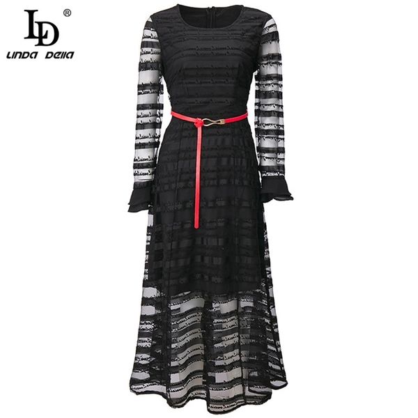 Мода взлетно-посадочная полоса летом платье женщин в перспективе в перспективе рыжая рукава рукавная буква вышивка черная сетка длиной 210522