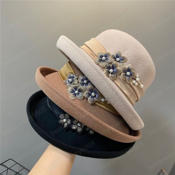 

autumn winter wool embroidery flower pearl grace lady bucket cap women leisure hat, Blue;gray