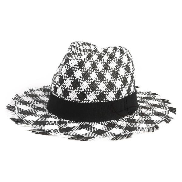 

wide brim hats custom pattern fashion plaid straw panama hat, Blue;gray
