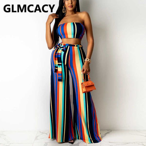 

2 pieces sets women strapless & wide leg pants 210702, White