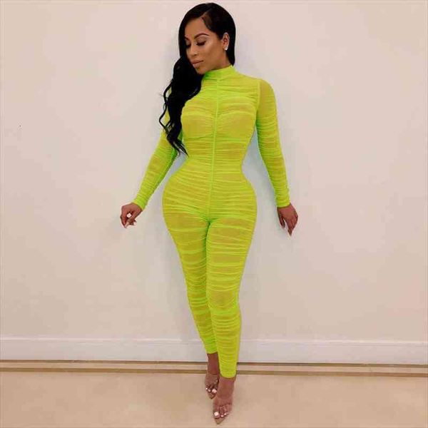 

sheer mesh see through rompers womens jumpsuit turtleneck long sleeve bandage pencil overalls casual party pleated playsuits, Black;white