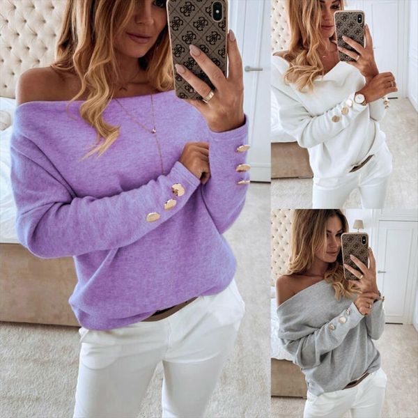 

fashion off shoulder solid button women shirts long sleeve autumn winter warm casual tee loose, White