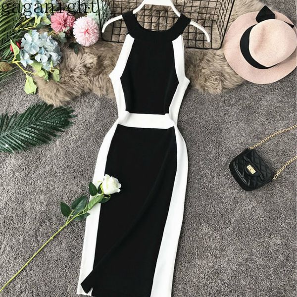 Gaganight Elegant Office Дамы вязаное MIDI платье без рукавов тонкий bodycon женщины вечеринка платья лоскутное упругие корейские платья 210519