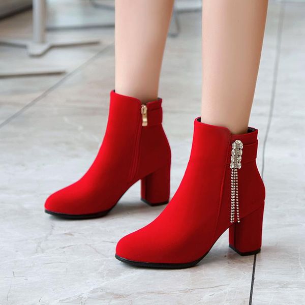 

boots women zipper comfortable high heel ankle fashion warm winter shoes black red rhinestone tassel women's