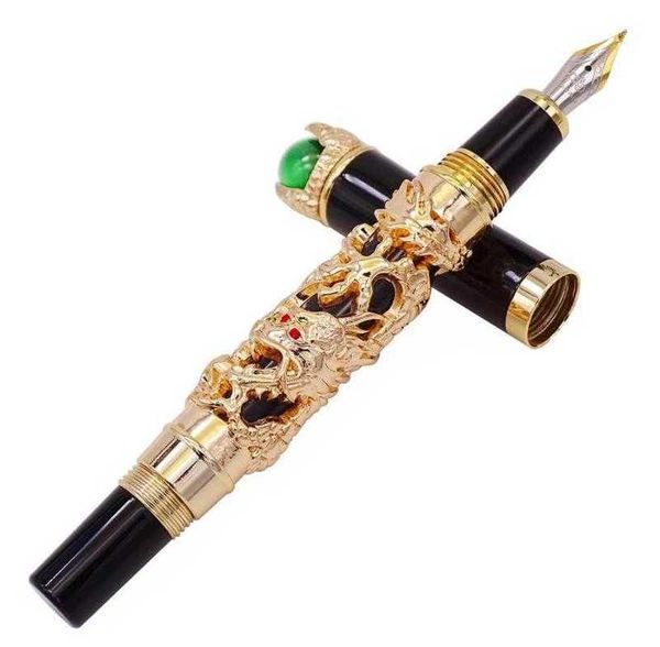 

vintage dragon king bent jinhao nib fountain pen calligraphy pen, metal embossing green jewelry on golden drawing ink pen1