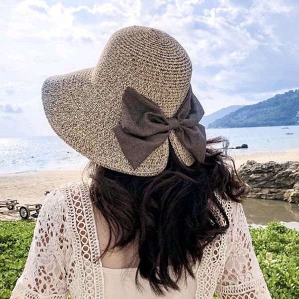 

wide brim hats spring summer female outdoor sun hat fashion knitted straw ladies fisherman bucket cap outing big brimmed bow, Blue;gray