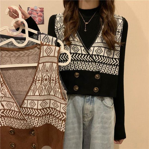 

knitted vest women's spring and autumn 2021 retro pattern age reducing thin v-neck loose sweater coat vests, Black;white