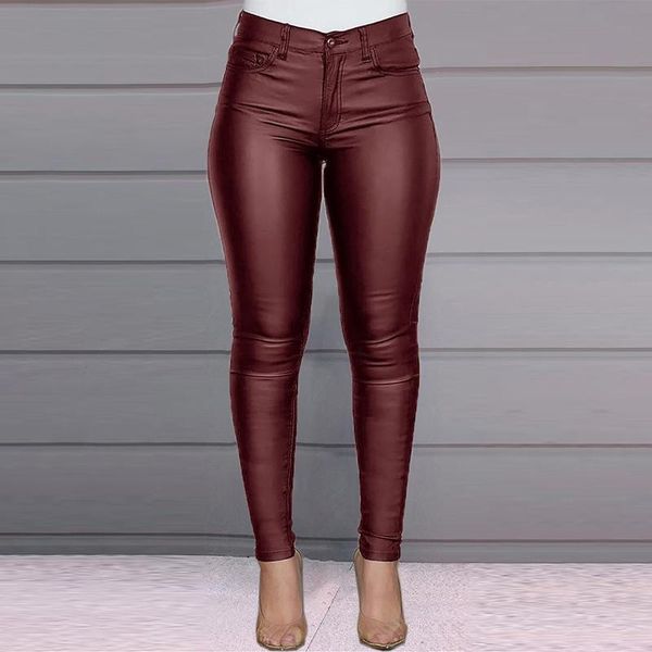 

women's pants & capris bodycon pu leather plain women solid black skinny elastic high waist pencil burgundy trousers female 2021, Black;white