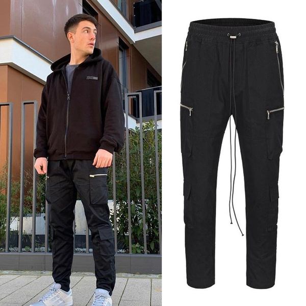 

men's pants skateboards streetwear represent slim fit multi-pocket overalls drawstring metal buckle trousers joggers, Black