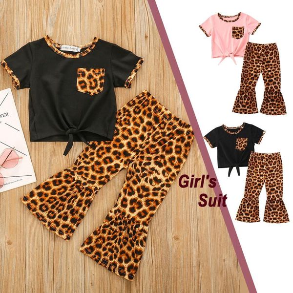 

clothing sets baby girls short sleeve leopard print flared trousers pants 2pcs letter printed black top, White