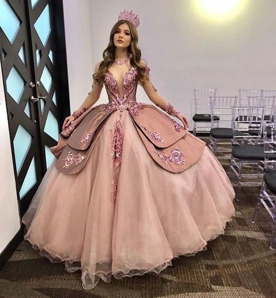 Tozlu Pembe Prenses Quinceanera Elbiseler 2022 Gül Altın Pullu Uzun Kollu Tatlı 16 Kabarık Pageant Elbise Vestidos De 15 Años