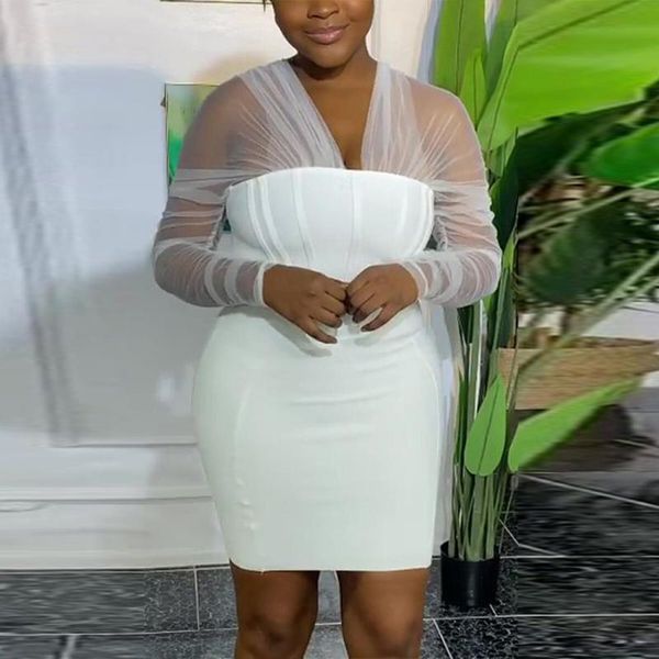 

plus size dresses zjfzml zz women clothing classy white mesh spliced long sleeve package hip sheath dress drop wholesale, Black