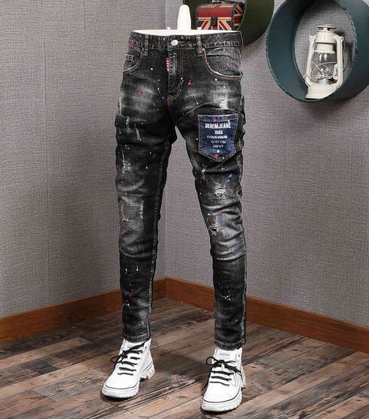 

men's japanese and korean fashion painted retro tattered jeans stretch streetwear hip hop pants, Blue