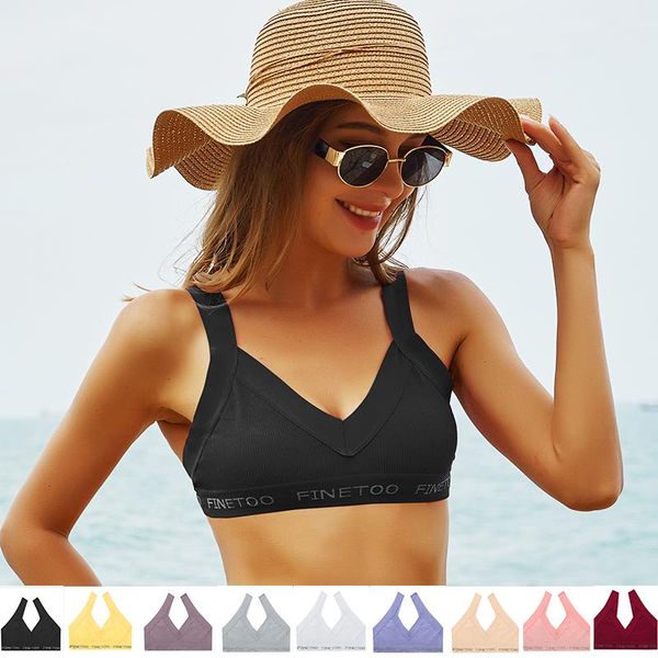 

bras finetoo women seamless bra underwear fitness short cropped fashion letter printed bralette girls v-neck tank, Red;black