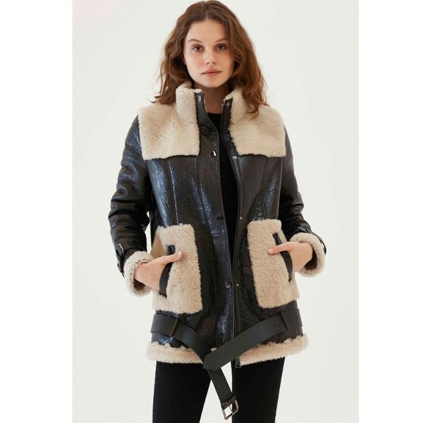 

women's leather & faux womens chestnut shearling jacket turkey wool coat casual long fur trench women, Black