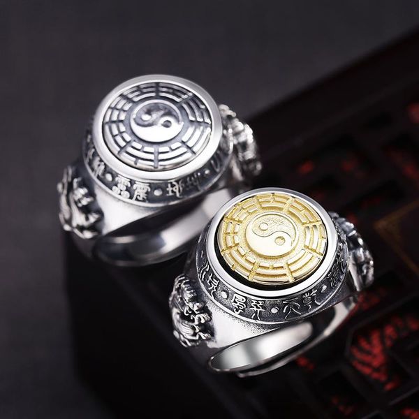 

cluster rings tai chi bagua turn the ring male yin restore ancient blue dragon white tiger 925 silver domineering, Golden;silver