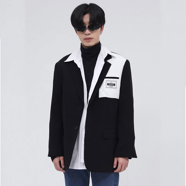 

menswear korean design casual suit coat color lock splicing letter printting blazer single breastead chic 2021 new clothing, White;black