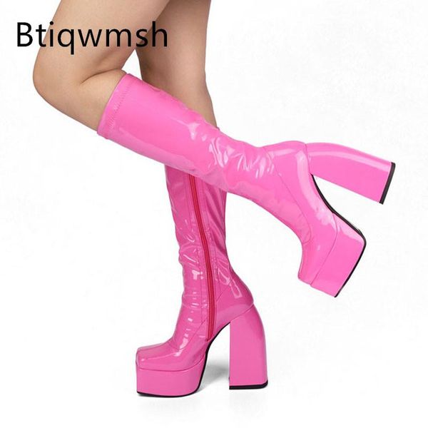 

boots pinkycolor platform knee high woman square toe red patent leather heels shoes women runway botas, Black