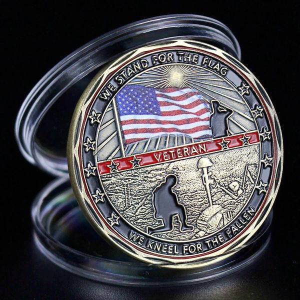 

10pcs non magnetic united states veteran flag challenge coin always remember military retirement gift bronze plated commemorative coin