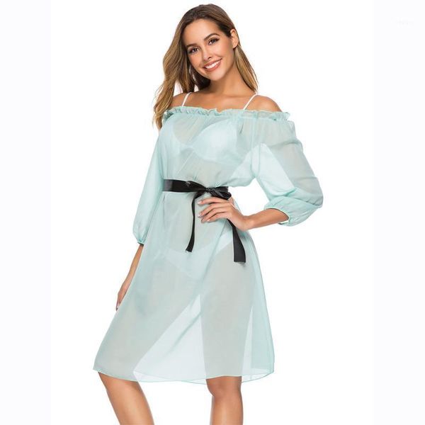 

women's swimsuit 2021 beach cover up one-neck ruffled chiffon dress belted skirt drop swimwear, White;black