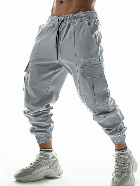 

men letter graphic flap pocket drawstring waist cargo pants t8hr#, Black