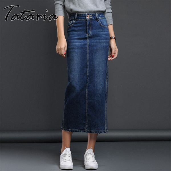 Tataria Hohe Taille Denim Röcke Frauen Offene Seite für Lange Jeans Weibliche Bleistift Damen Maxi 210514
