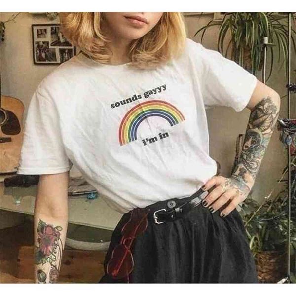 Damen T-Shirt FashionShow-jf klingt Gayyy im Regenbogenbrief gedruckt T-Shirt Mann Frauen Kurzarm Lesben Lesbisch schwule LGBT stolze T-Shirt 210623