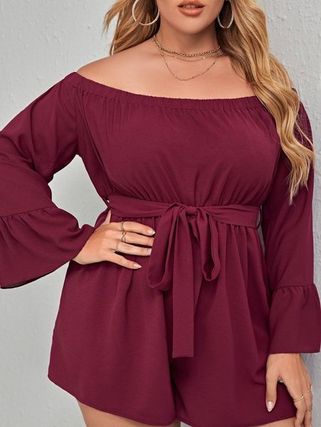 

plus solid self tie bardot romper i01h#, Black