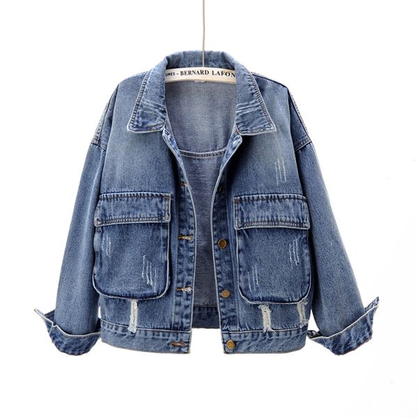 

jacket vintage frayed short jeans women spring big pocket long sleeve denim jacket coat student outerwear female chaquetas mujer, Black;brown