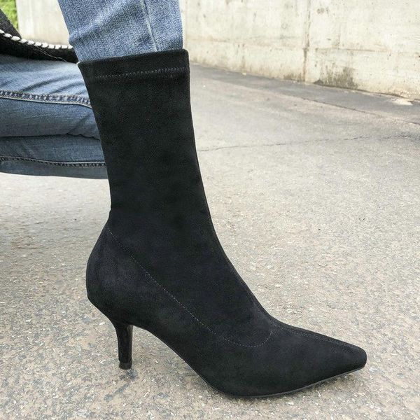 

boots eshtonshero women mid calf shoe woman thin high heels flock pointed toe autumn ladies motorcycle sock size 3-8, Black