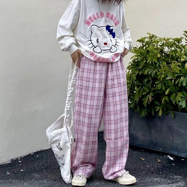 

women's pants & capris harajuku pink plaid women vintage soft girl elastic waist jogger wide leg trousers korean fashion kpop, Black;white