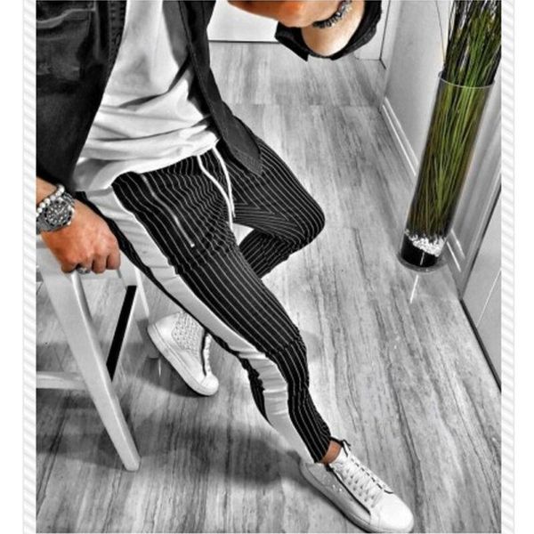 

workout jogging pants men striped sport sweatpants short casual long fitness joggers bodybuilding trousers men's, Black