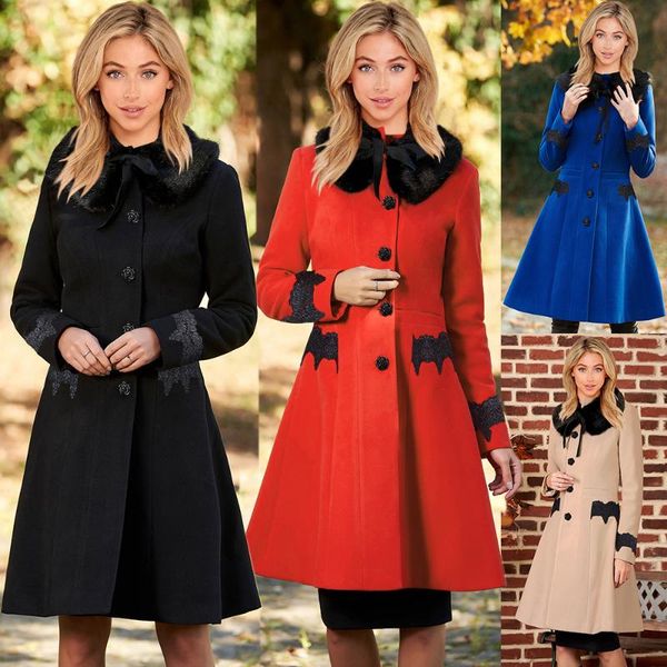 

women's trench coats 2021 autumn winter arrivals cardigan detachable solid black wool collar single breasted medium long lace coat, Tan;black