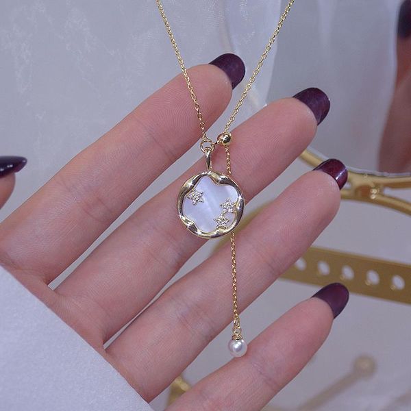 

14k real gold shell geometric necklace for women pearl zircon clavicle chain charm wedding pendant jewelry chains, Silver