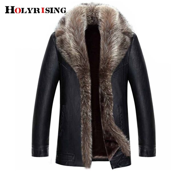 Holyrising Vera Pelliccia di Procione Collo Uomo Ecopelle Giubbotti Inverno Addensare Cappotto jaqueta de couro chaqueta Uomo PU Pelle 18536-5 211111