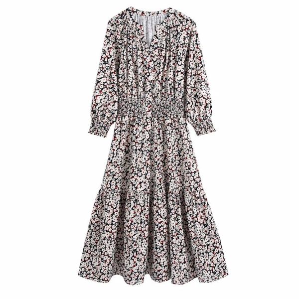 

casual dresses women flower printing stand collar midi dress female three quarter sleeve clothes lady loose vestido d8387, Black;gray