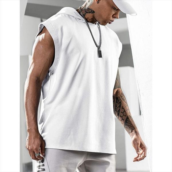 

men bodybuilding hoodie tank sleeveless muscle gym sports vest tee shirt casual solid color loose hooded top, White;black