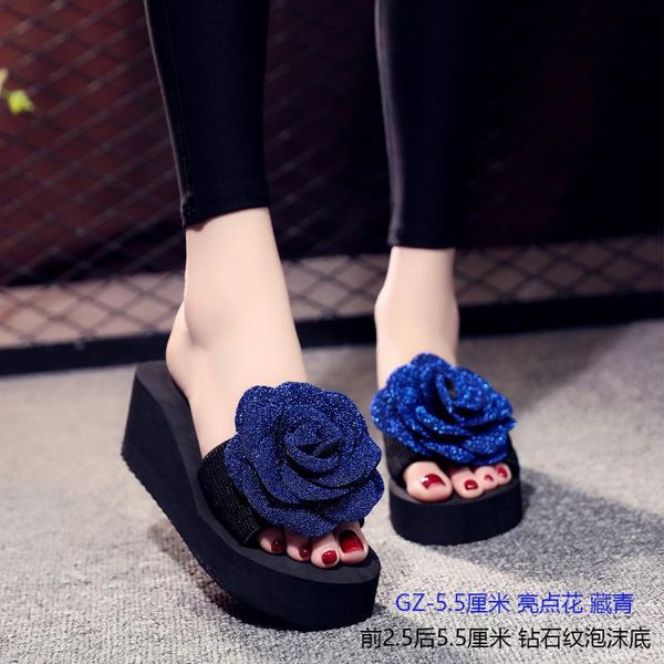 

high heel wedges slippers for elegant women summer romantic valentine beach casual shoes female outdoor open toe flower slipper, Black