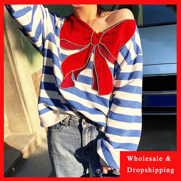 

women's hoodies & sweatshirts full sleeve big bowknot collar striped sweatshirt woman harajuku style autumn loose casual clothes women, Black
