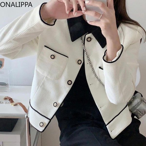 

women's jackets onalippa autumn elegant temperament jacket women lapel bordered line contrast color chic button loose pocket cardigan s, Black;brown